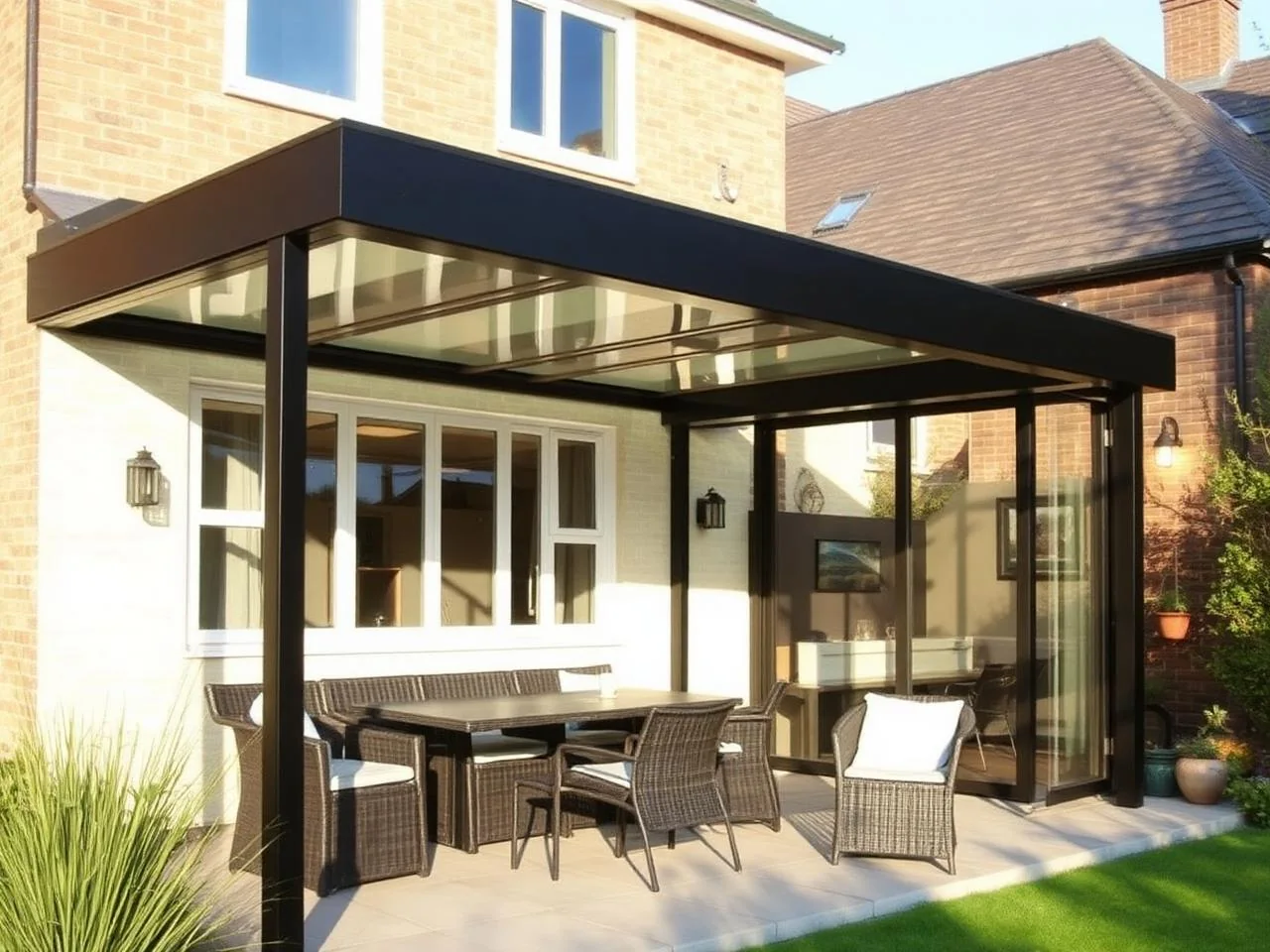 Moderne overkapping in een tuin